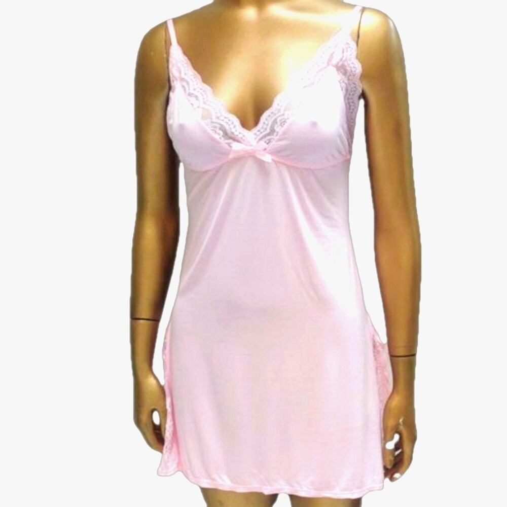 Pink Lace Chemise Sleep Dress L Babydoll Lingerie Adjustable Straps NWT